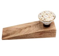 2 Pieces Cream & White Golden Checkerboard Ceramic Wooden Door Stopper